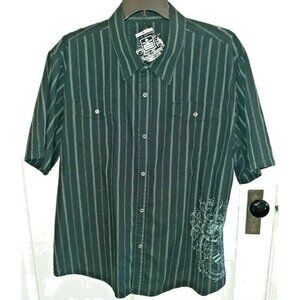 Mens XXL Machine Striped Print Black Snap Front Short Sleeve Shirt